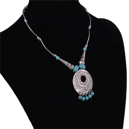 Turquoise & Silvertone Round Pendant Necklace