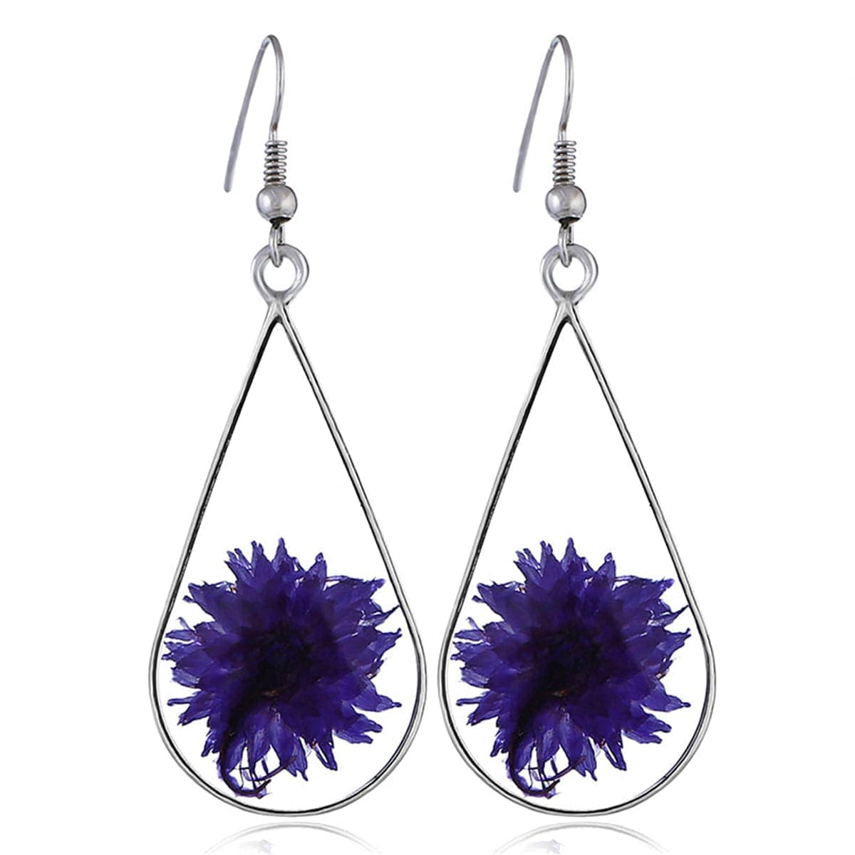 Purple Pressed Peony & Silvertone Drop Earrings