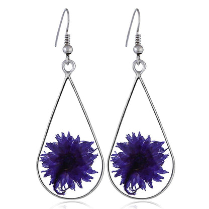 Purple Pressed Peony & Silvertone Drop Earrings