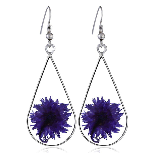 Purple Pressed Peony & Silvertone Drop Earrings