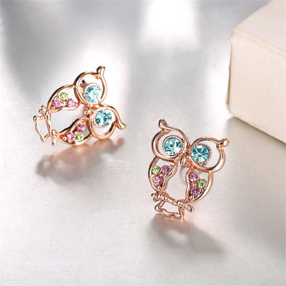 Blue Cubic Zirconias & Rose Goldtone Owl Stud Earrings