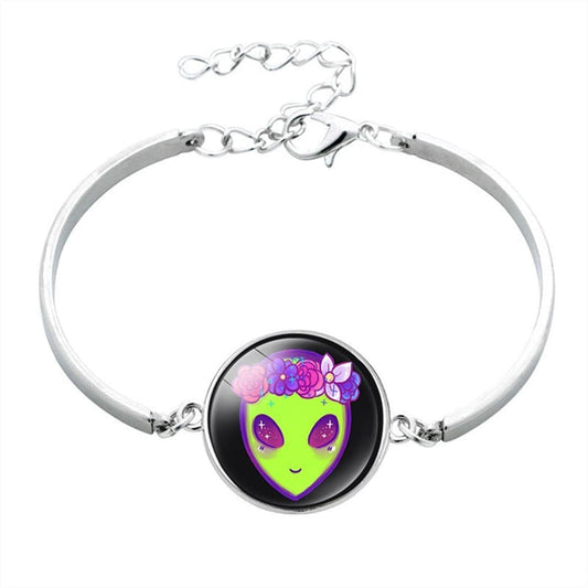 Purple & Silvertone Alien Flower Crown Charm Bracelet