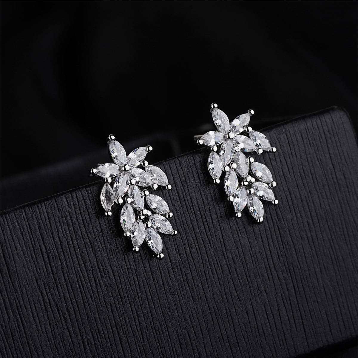 Crystal & Silvertone Leaf Cluster Stud Earrings