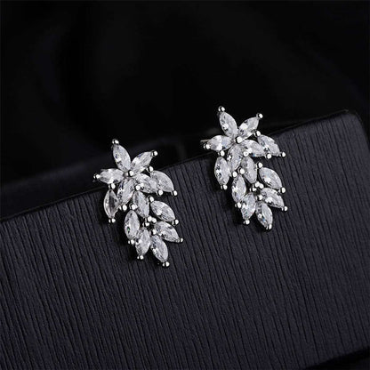 Crystal & Silvertone Leaf Cluster Stud Earrings