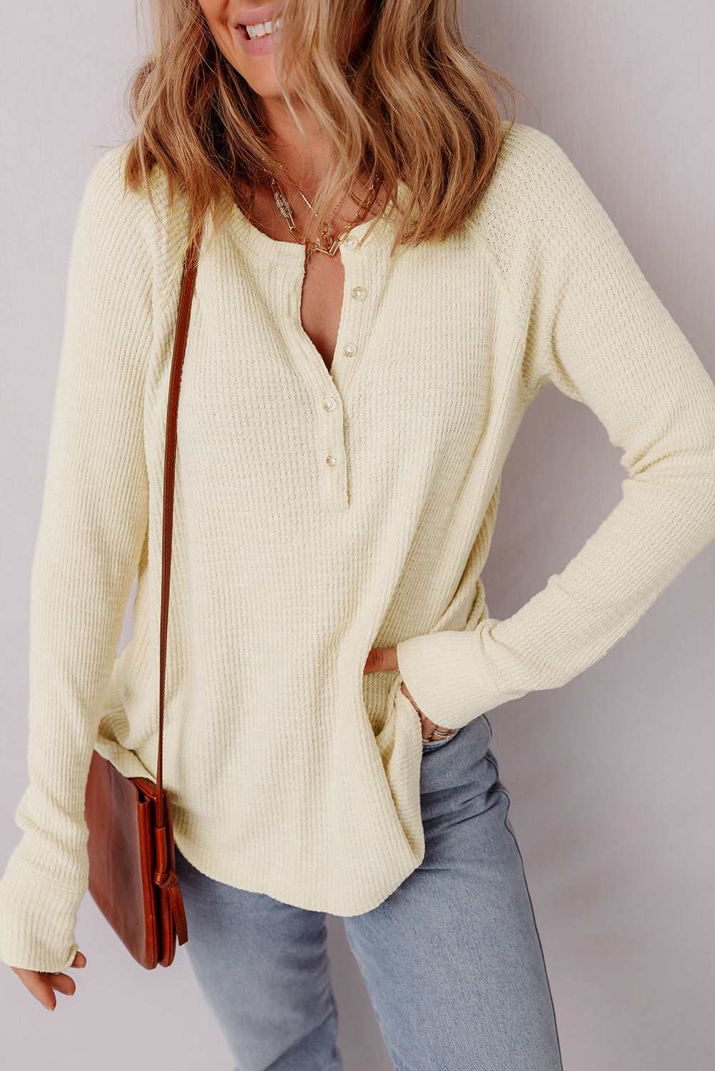 Soleil Knit Half Henley Top - Oatmeal / L - 12/14