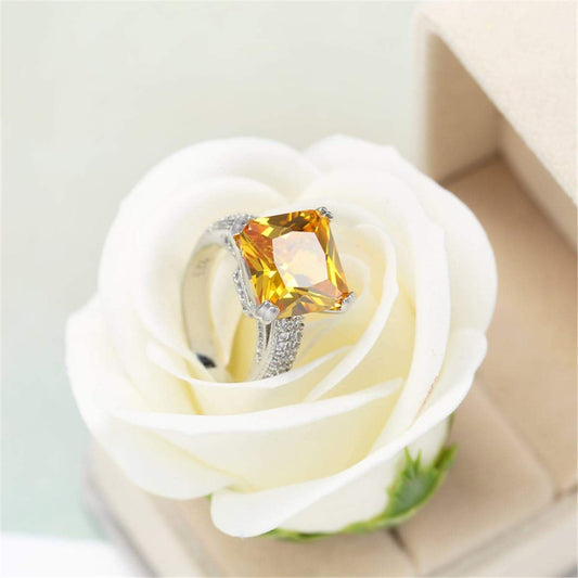 Yellow Crystal & Silvertone Princess-Cut Ring