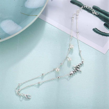 Pearl & Silvertone Heartbeat Layered Anklet