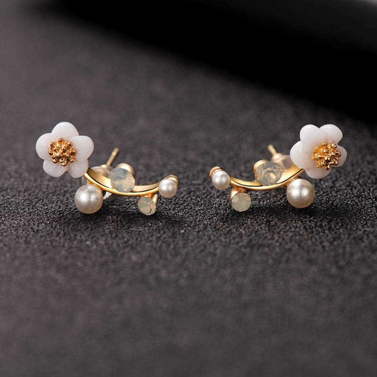 Shell & Pearl Goldtone Flower Ear Climbers