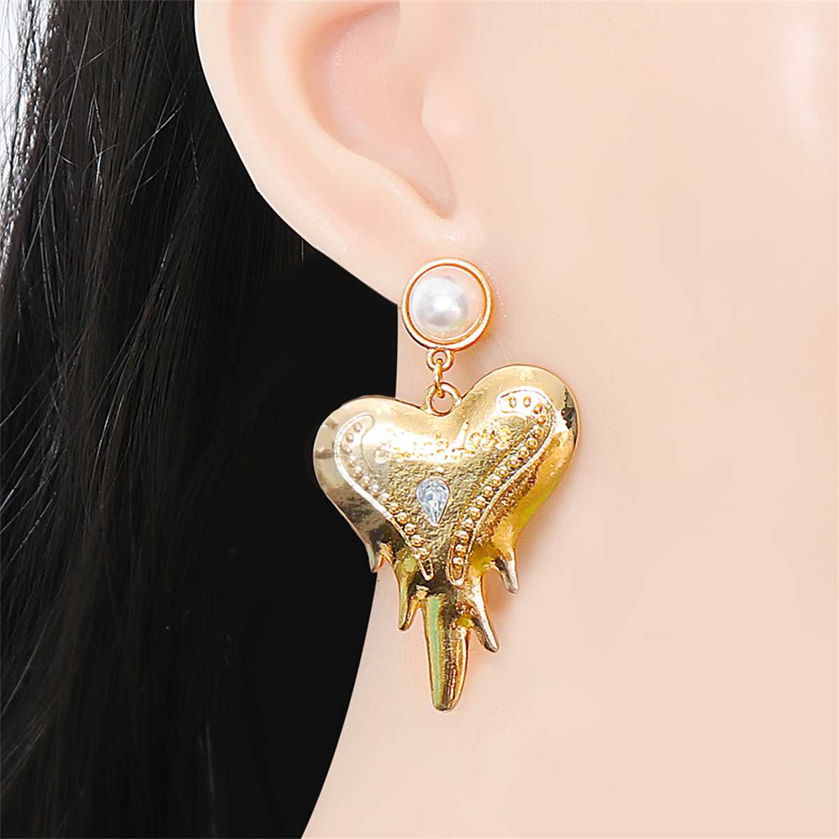 Pearl & Crystal Goldtone Heart Drop Earrings