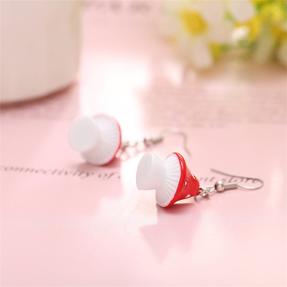 Red Resin & Silvertone Dot Mushroom Drop Earrings