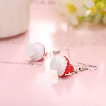 Red Resin & Silvertone Dot Mushroom Drop Earrings