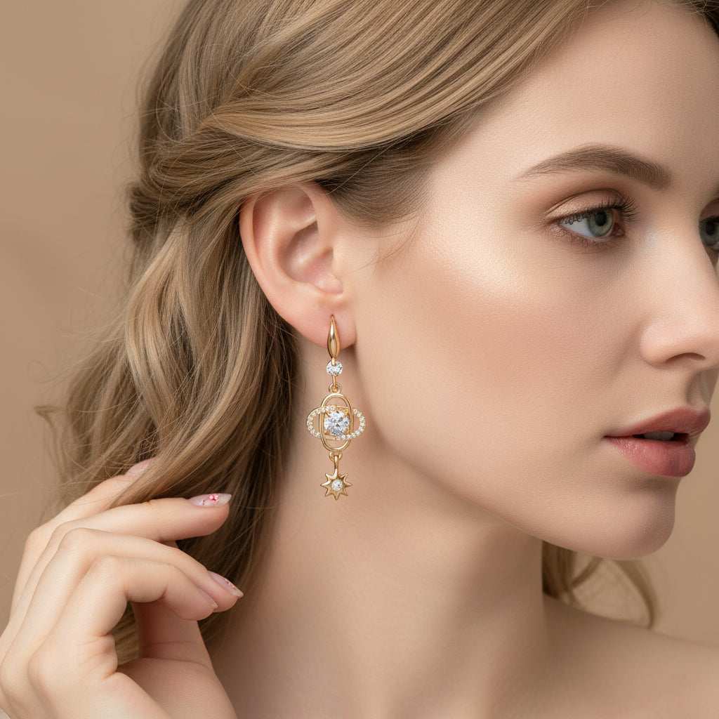 White Crystal & Cubic Zirconia Goldtone Planet Starburst Hook Earrings