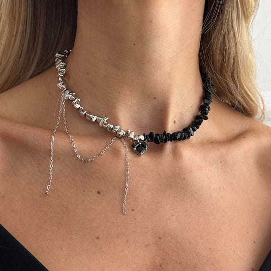 Black Acrylic & Crystal Silvertone Heart Tassel Patchwork Collar Necklace