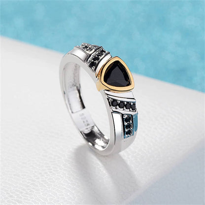 Black Crystal & Cubic Zirconia Triangle-Cut Ring-2
