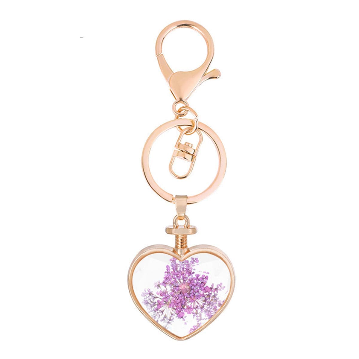 Violet Flower & Goldtone Pressed Baby'S Breath Heart Key Chain