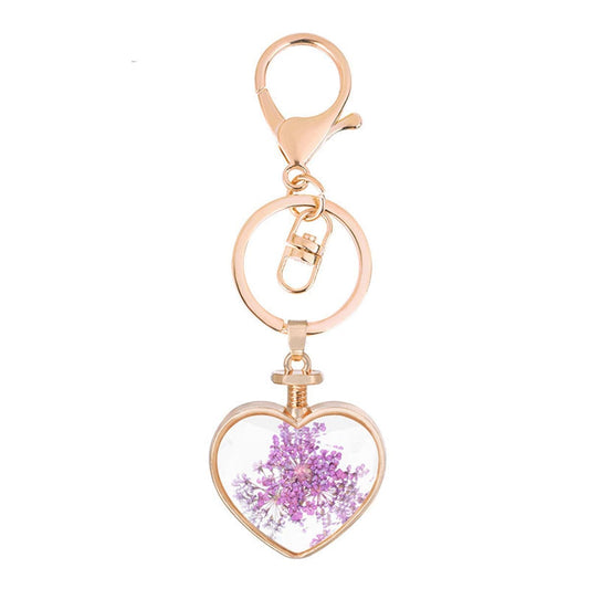 Violet Flower & Goldtone Pressed Baby'S Breath Heart Key Chain
