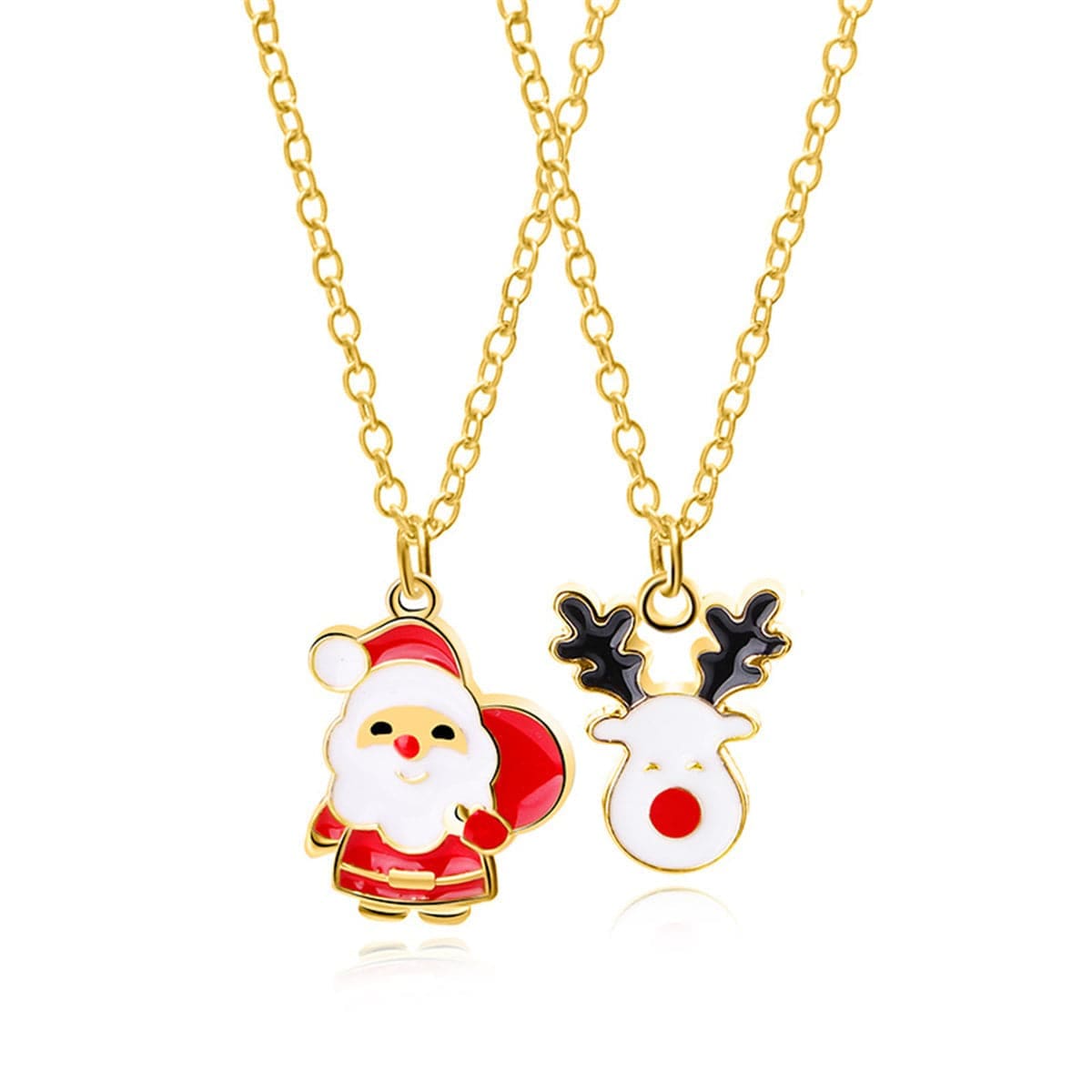 Red & Goldtone Santa Claus & Reindeer Pendant Necklace Set