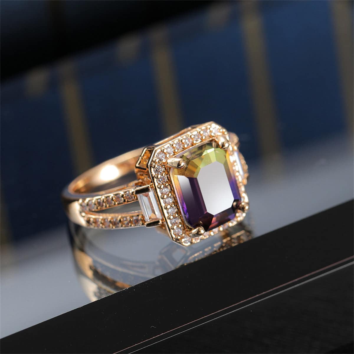 Yellow & Purple Crystal & Cubic Zirconia Princess-Cut Halo Ring-1