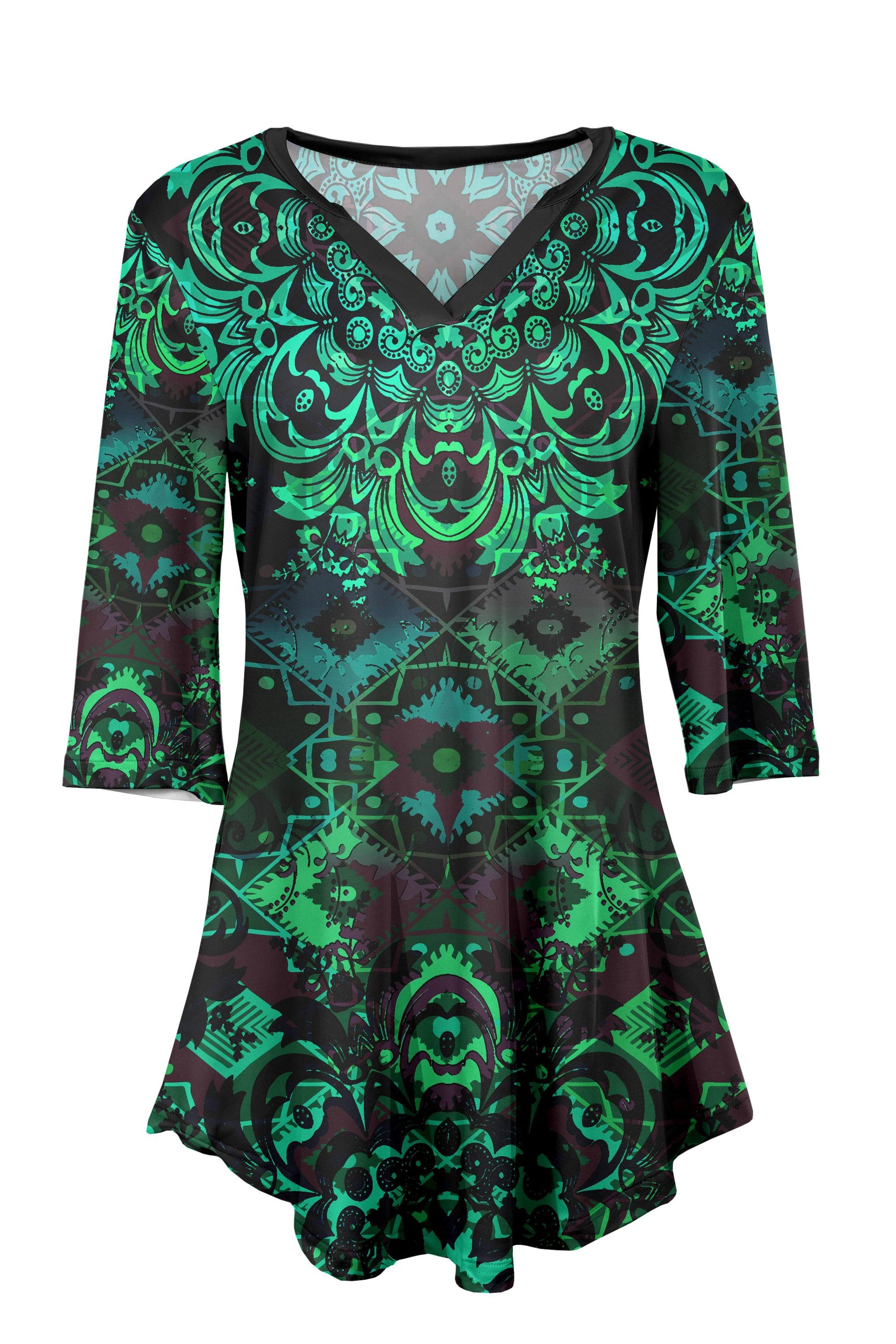Lily by Firmiana Women's 3/4 Sleeve Notch Neck Tunic Green & Black Baroque Holiday Print Green & Black Baroque Holiday Print / 3XL