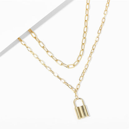 Goldtone Lock Layered Pendant Necklace-2