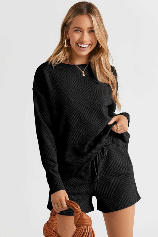 Threaded Pear Adalyn Textured Long Sleeve Top and Drawstring Shorts Set