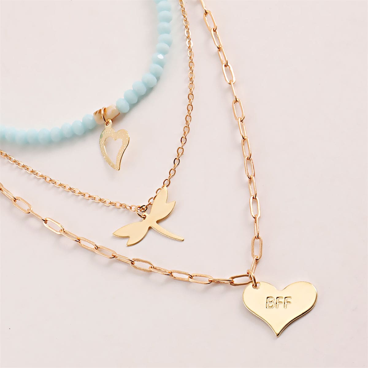 Blue Acrylic & Resin Goldtone Dragonfly Heart Layered Pendant Necklace