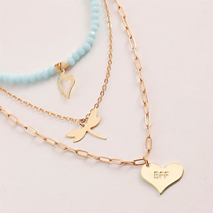 Blue Acrylic & Resin Goldtone Dragonfly Heart Layered Pendant Necklace