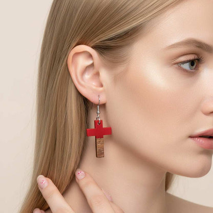 Red Resin & Wood Silvertone Cross Hook Earrings
