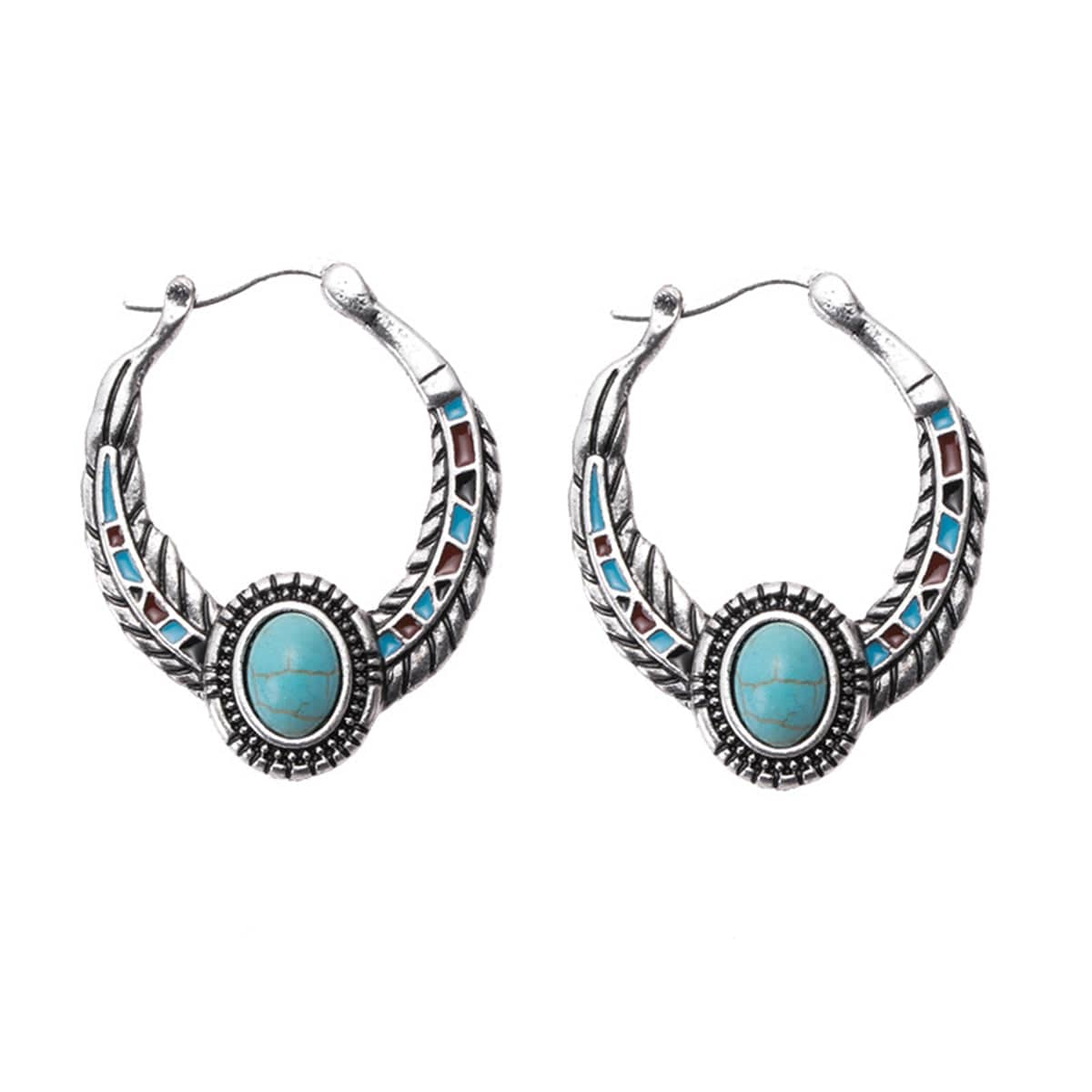 Turquoise & Silvertone Feather Hoop Earrings