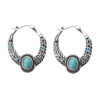 Turquoise & Silvertone Feather Hoop Earrings