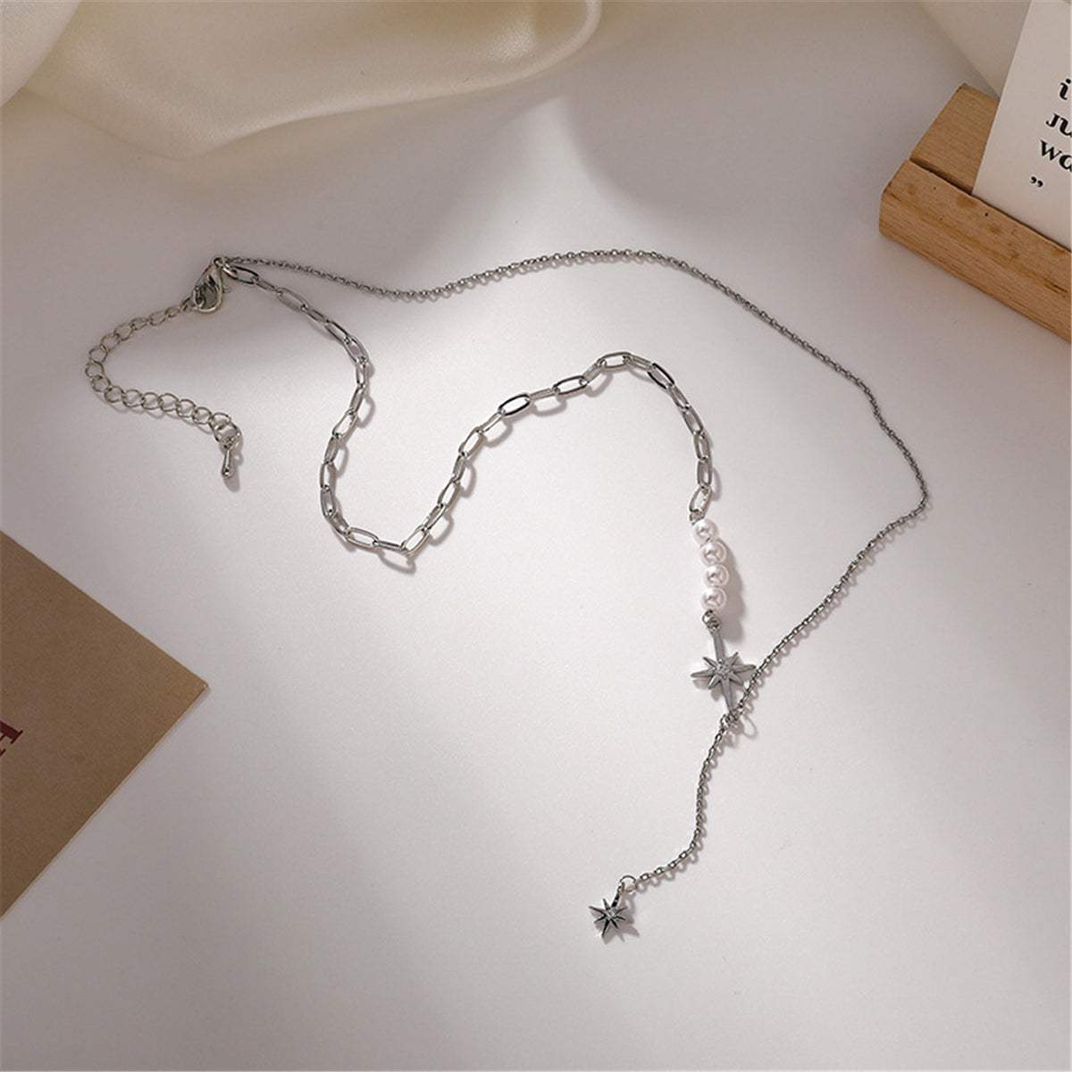 Pearl & Cubic Zirconia Silvertone Star Pendant Necklace