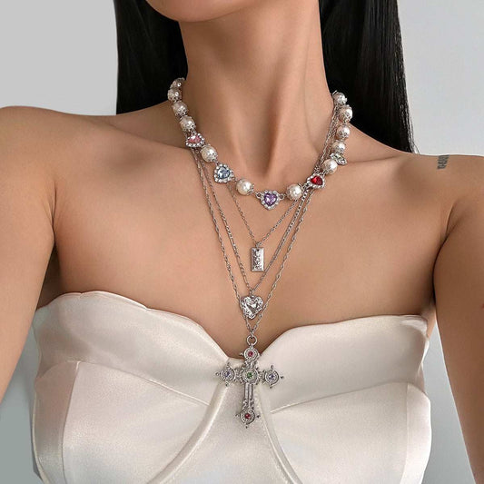 Multi-Colored Crystal & Cubic Zirconia Pearl Silvertone Heart Cross Pendant Necklace Set
