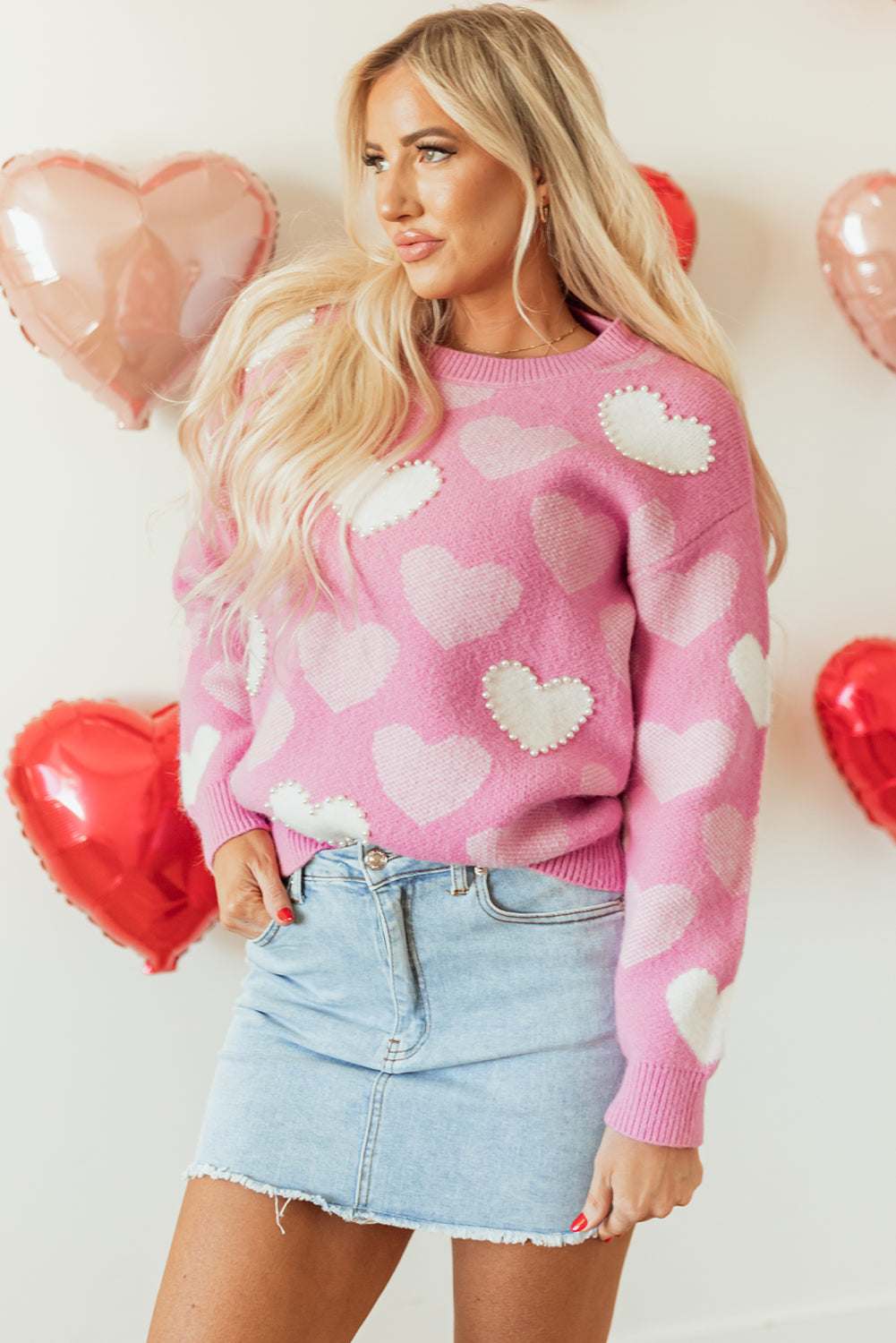 Threaded Pear Pearled Heart Valentines Sweater