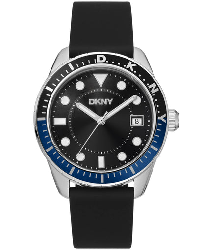 Dkny Men Watch, Silver Color Case, Black Dial, Black Silicone Strap, 3 Hands Date, 10 Atm