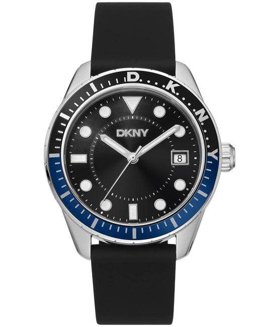 Dkny Men Watch, Silver Color Case, Black Dial, Black Silicone Strap, 3 Hands Date, 10 Atm