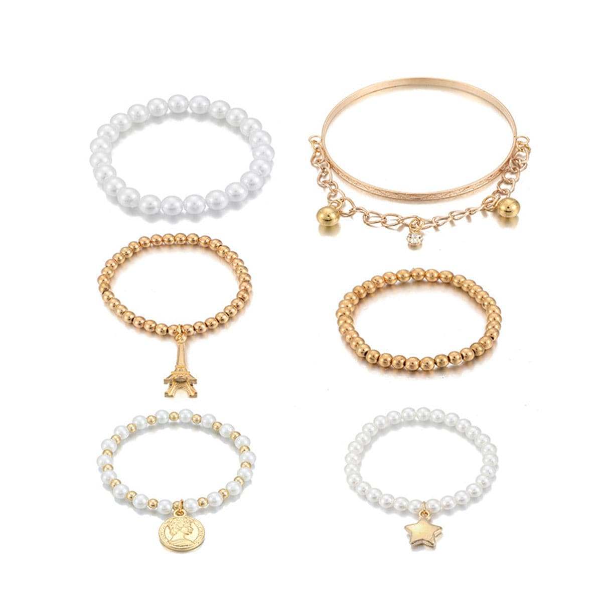 Pearl & Goldtone Eiffel Tower Bracelet Set