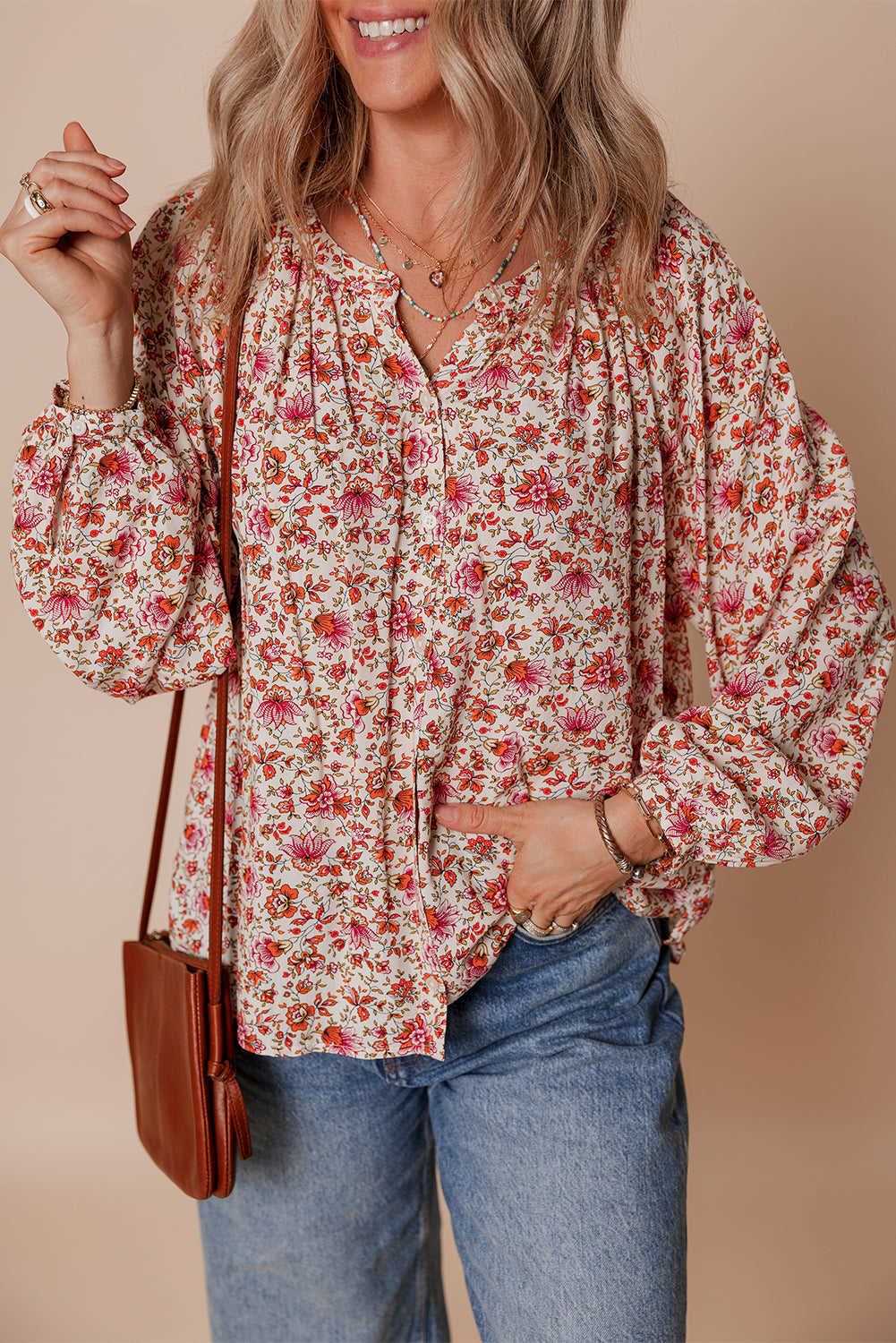 Carter Notched Puff Sleeve Blouse - Red / L - 12/14