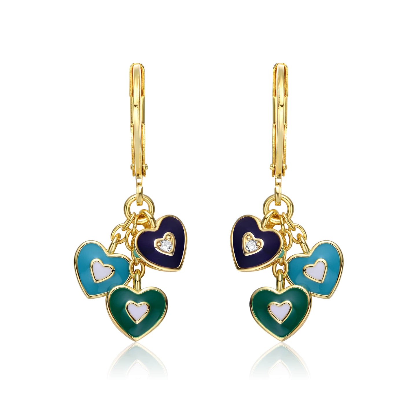 Kids 14k Gold Plated Blue Topaz Enamel Trio Dangling Hearts Earrings