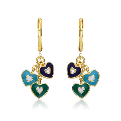 Kids 14k Gold Plated Blue Topaz Enamel Trio Dangling Hearts Earrings
