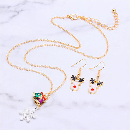 White & Goldtone Reindeer Earrings & Snowflake Pendant Necklace