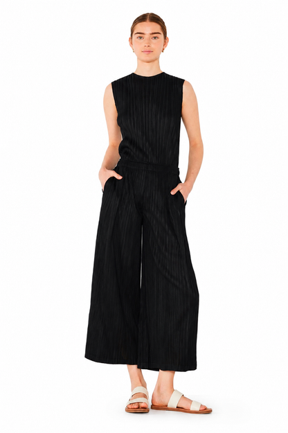 Marina West Pleated Wide-Leg Cropped Pants with Side Pleat (P03WP) - Black