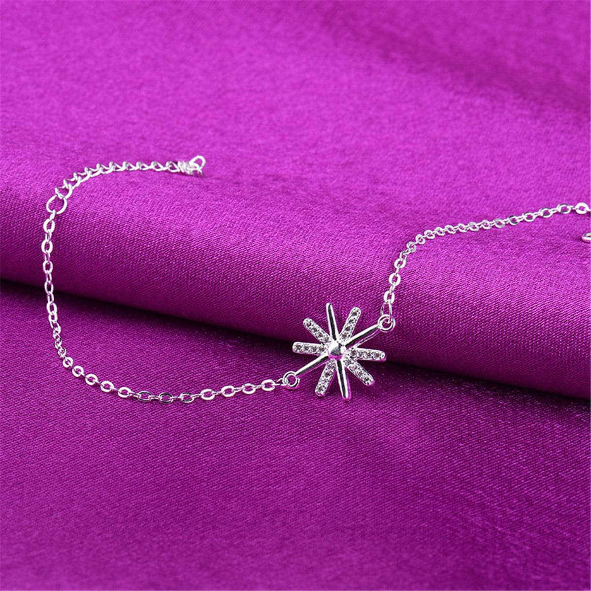 Cubic Zirconia & Silvertone Snowflake Charm Anklet