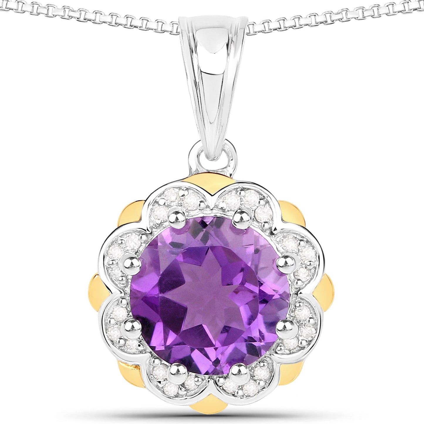 1.80 Ct Round Purple Amethyst and Diamond Prong Silver Floral Pendant Necklace