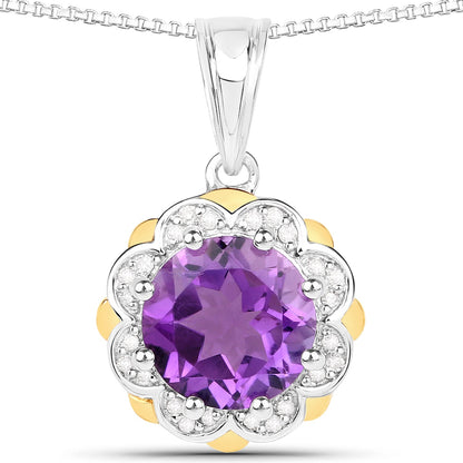 1.80 Ct Round Purple Amethyst and Diamond Prong Silver Floral Pendant Necklace