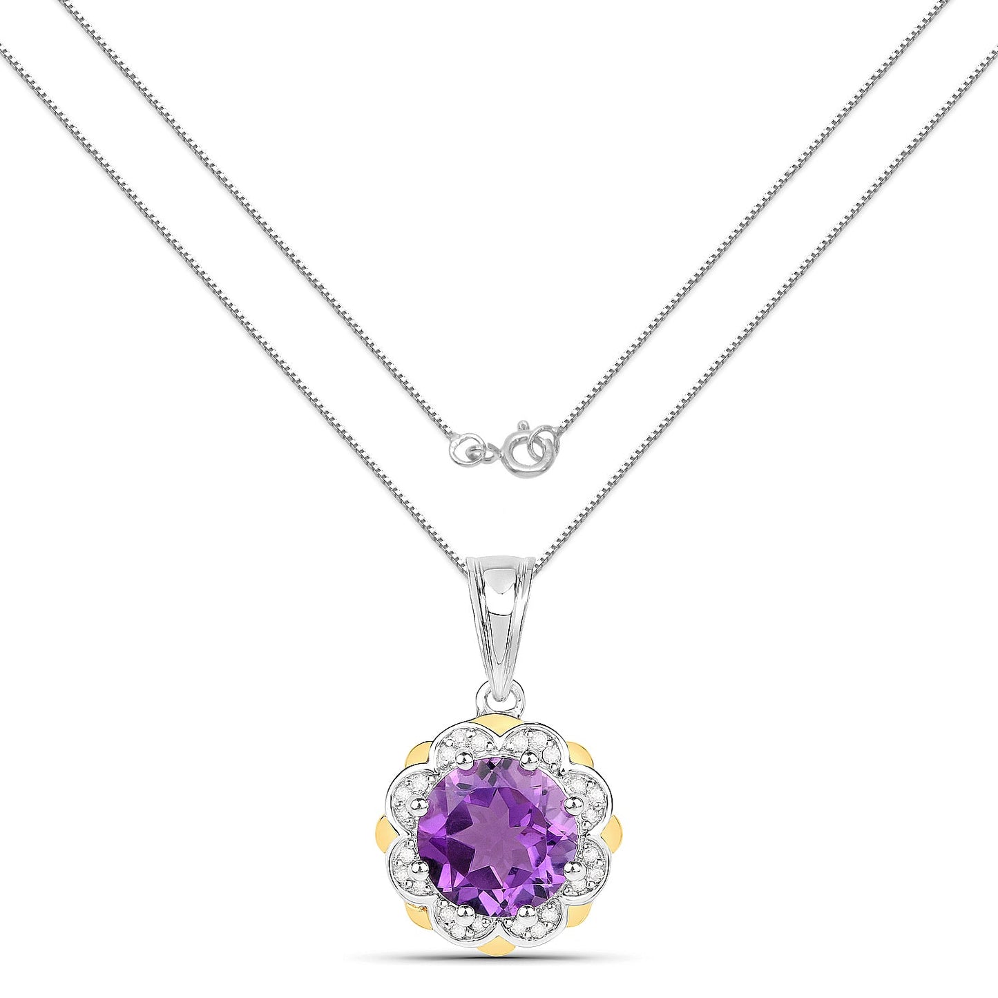 1.80 Ct Round Purple Amethyst and Diamond Prong Silver Floral Pendant Necklace