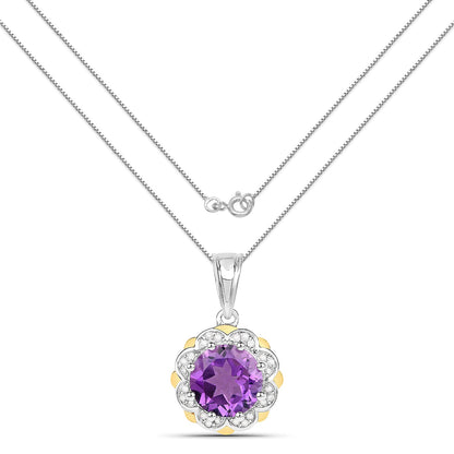 1.80 Ct Round Purple Amethyst and Diamond Prong Silver Floral Pendant Necklace