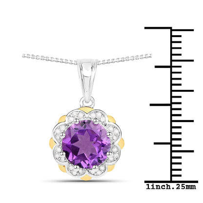 1.80 Ct Round Purple Amethyst and Diamond Prong Silver Floral Pendant Necklace