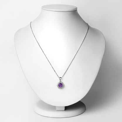 1.80 Ct Round Purple Amethyst and Diamond Prong Silver Floral Pendant Necklace