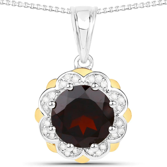 2.25 Ct Round Red Garnet and Diamond Prong Silver Floral Pendant Necklace