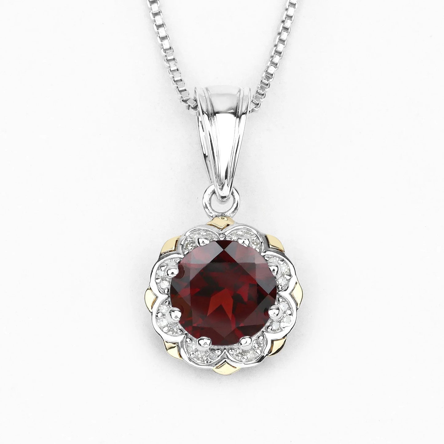 2.25 Ct Round Red Garnet and Diamond Prong Silver Floral Pendant Necklace